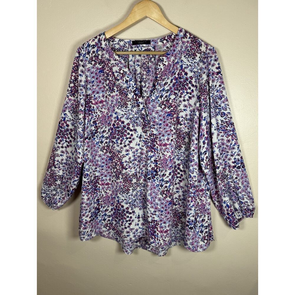 TAHARI Womens Plus Size Peasant Blouse Top Floral Purple 1X Boho